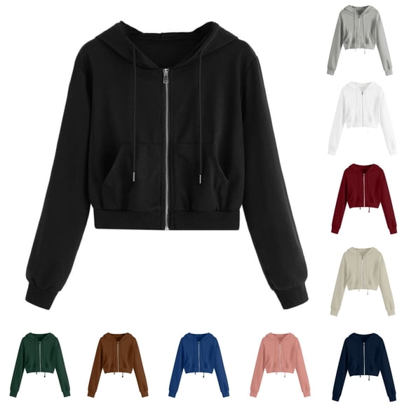Dezsed Hoodies for Women Zip Up Drawstring Cropped Sweatshirt Comfy Long Sleeve Short Sweatshirt Hooded Crop Jacket Tops with Pockets Light Pink XXXXL