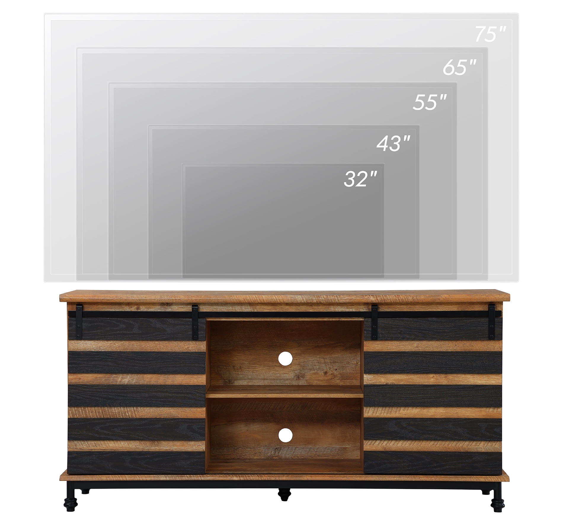 Farmhouse TV Stand for TVs up to 65 Inches, Wood Media Entertainment Center with Storage Cabinet for Living Room, Black & Brown