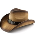 thumbnail image 2 of XIAOCHA Emblem Accent Straw Cowboy Hat for Men Shapeable Brim Outdoor Rodeo Cowgirlhat Horse Riding Western Hat,Khaki, 2 of 6