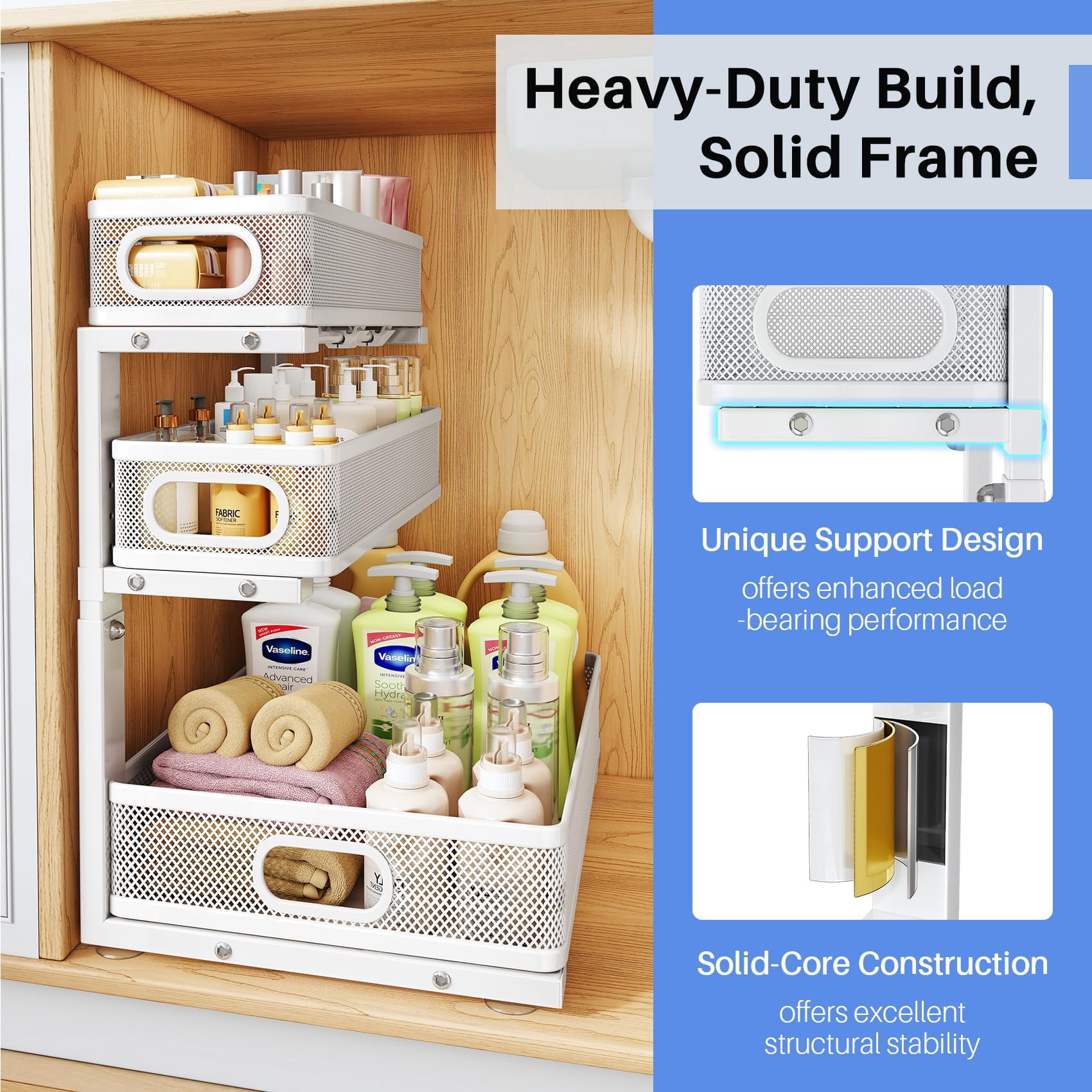 Under Sink Organizer, 2-Pack 3-Tier Thickened Metal Pull out Cabinet Organizer Shelf, Height Adjustable Slide out Storage Drawer Rack for Kitchen Bathroom Pantry Laundry Home Organization, White