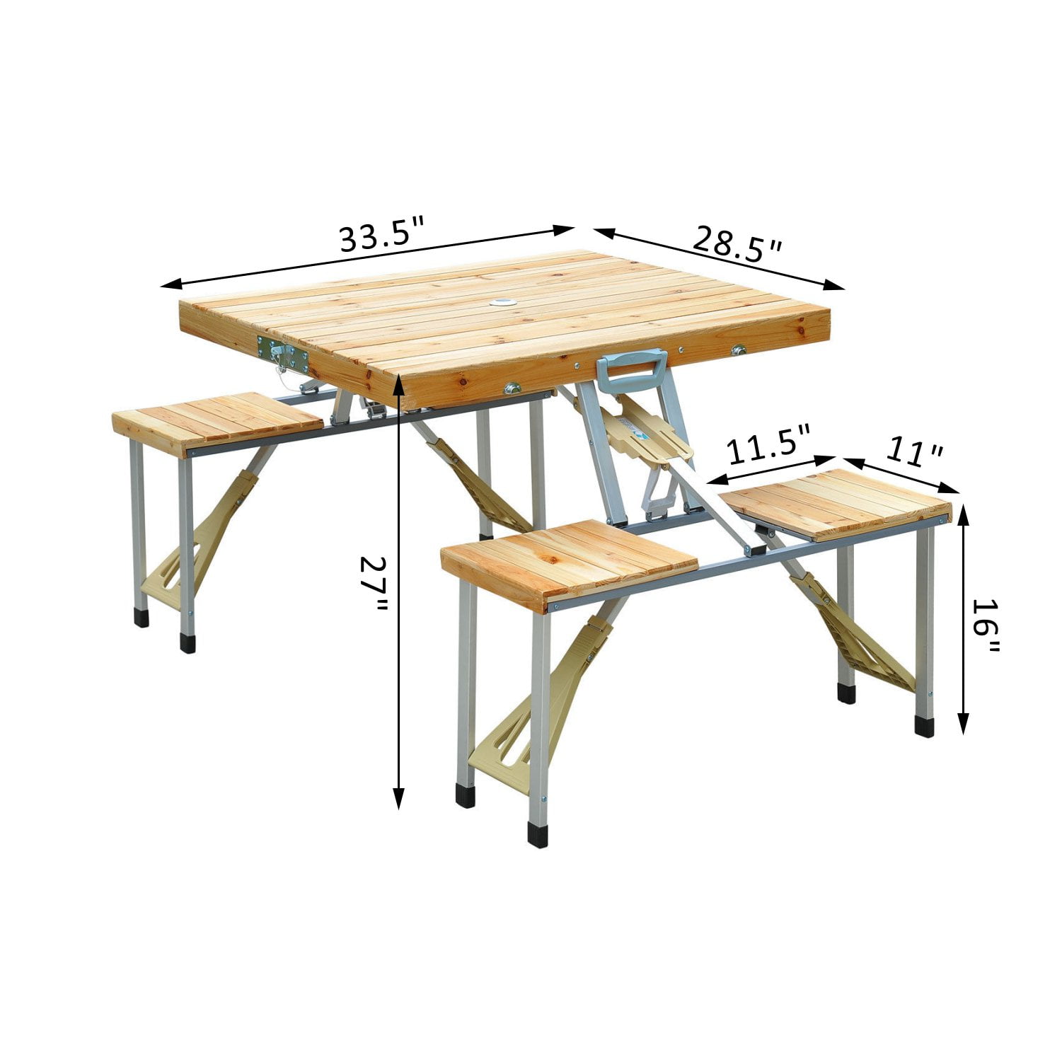 4 Person Wooden Portable Compact Suitcase Folding Picnic Table Set With Umbrella Hole