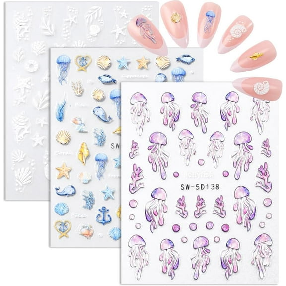 3 Sheets 5D Embossed Ocean Theme Nail Art Stickers Summer Self Adhesive Decals Supplies Shell Purple Jellyfish Charms Design for Women DIY Manicure Metal Accessories Decoration Starfish Mixed Color