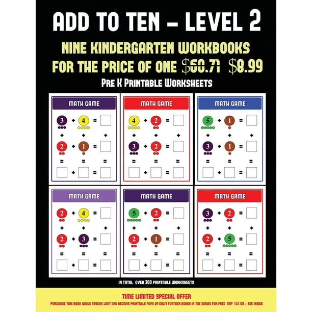pre k printable worksheets pre k printable worksheets add to ten level 2 30 full color preschool kindergarten addition worksheets that can assist with understanding of math series 8 paperback walmart com