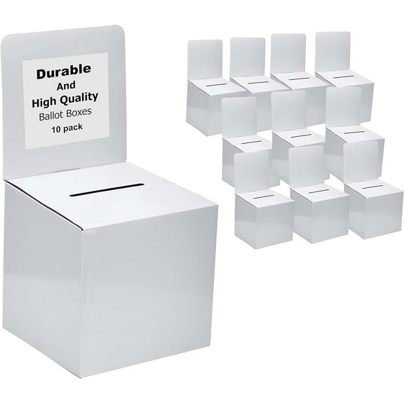 MCB Large Cardboard Box - Ballot Box - Suggestion Box - Raffle Box - Ticket Box - With Removable Header for Tabletop Use (White-10 Pack)