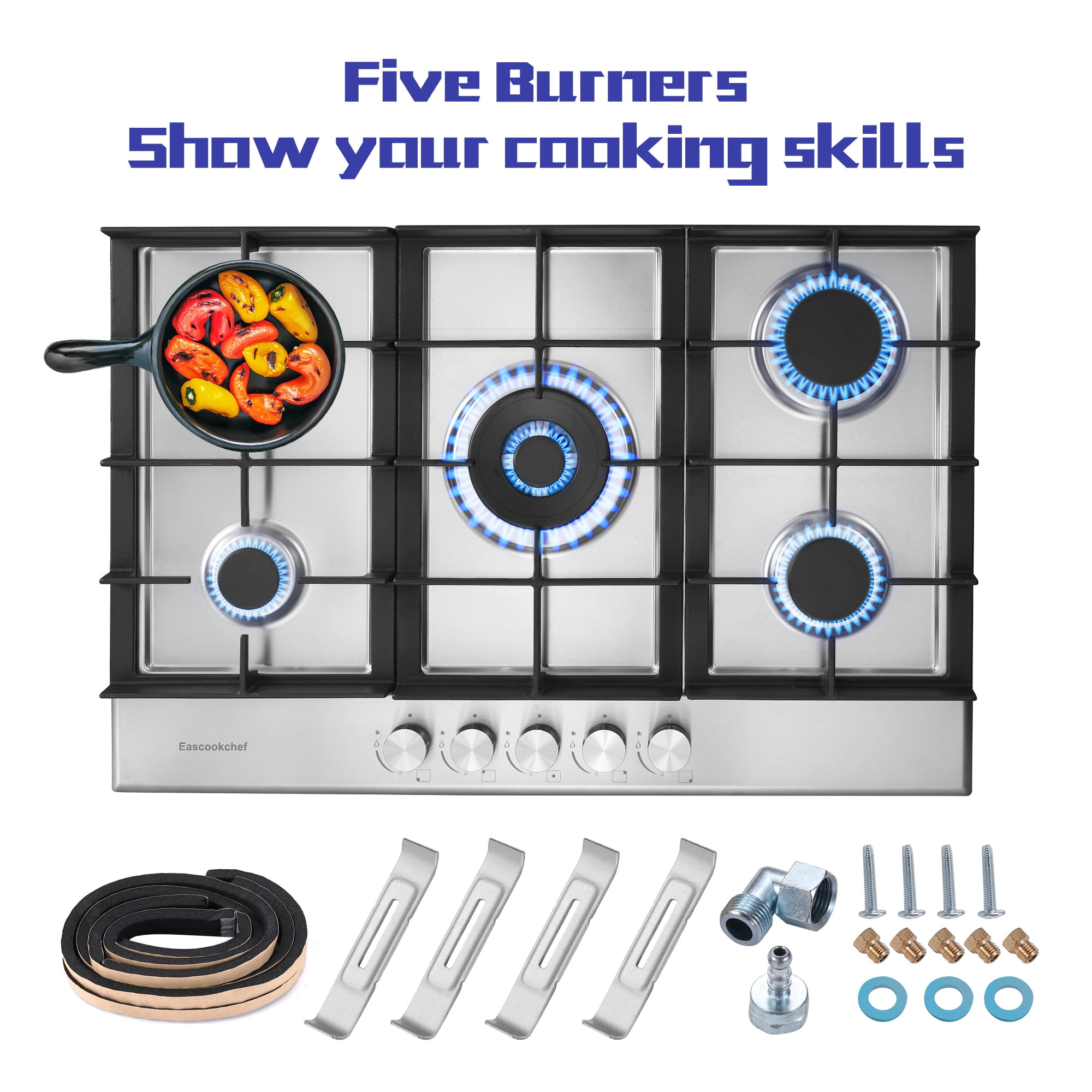 Amzgachfktch 5 Burners Gas Cooktop Stove Oven 30 inch Stainless Natural Gas/LPG Convertible Built-in