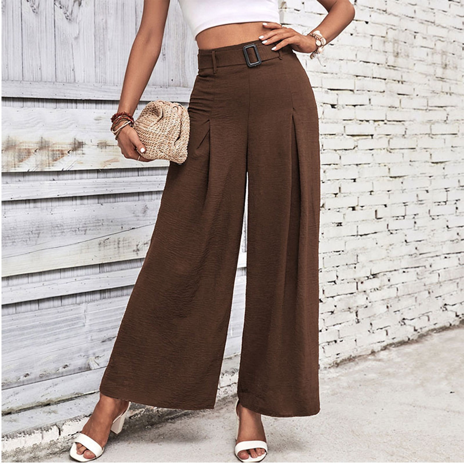 Xysaqa High Waisted Wide Leg Pants for Women Trendy Belt Buckle