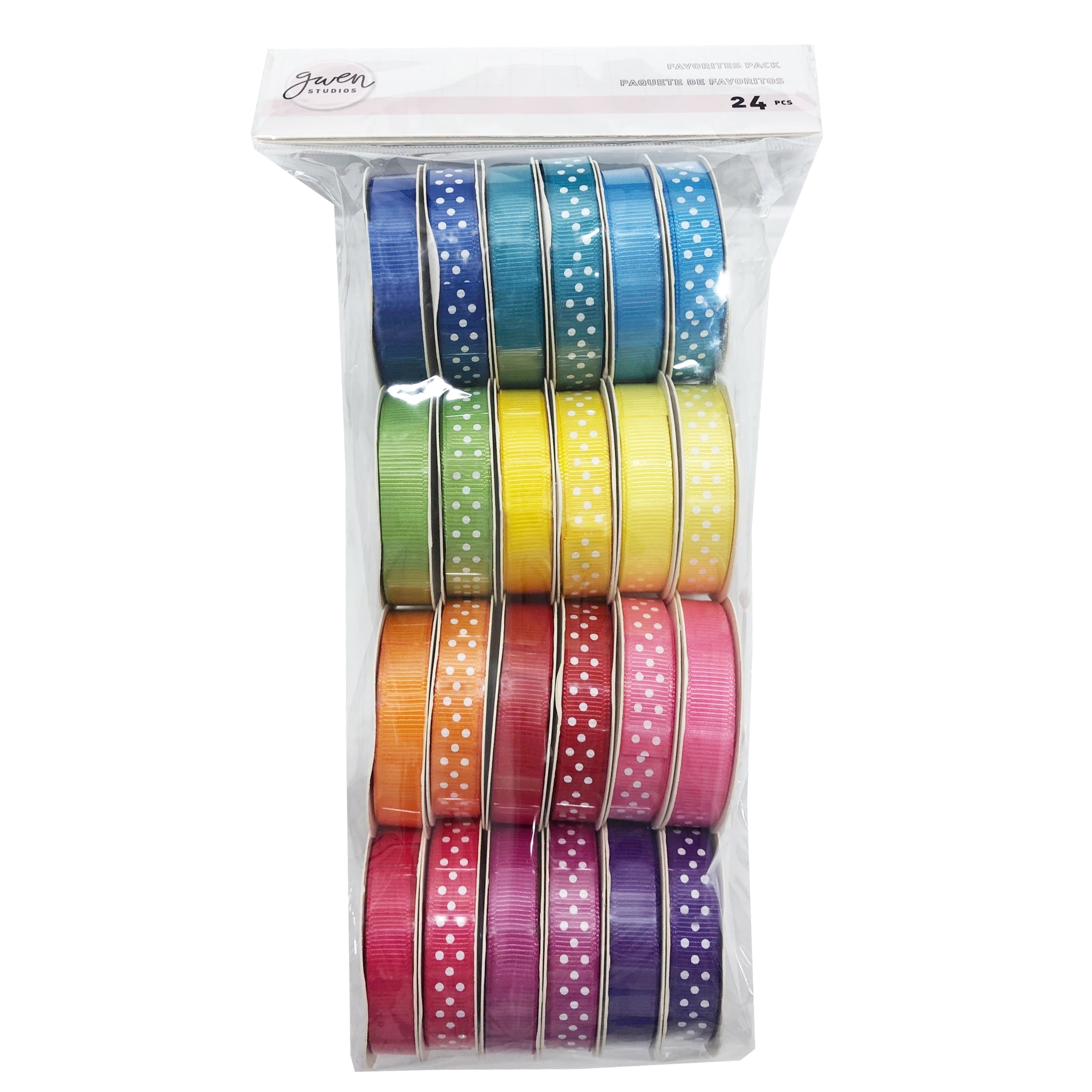 Solid and Polka Dot Grosgrain Ribbon Pack, 24 Bright Colors, 3/8 x 48  Yards by Gwen Studios