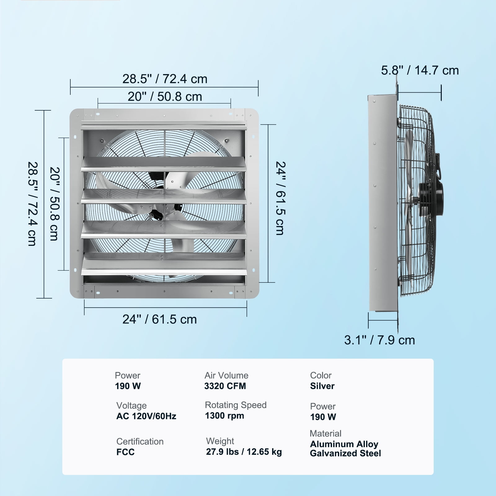 KFFKFF Shutter Exhaust Fan Shop Exhaust Fan 24'' Wall Mounted Aluminum 3320 CFM