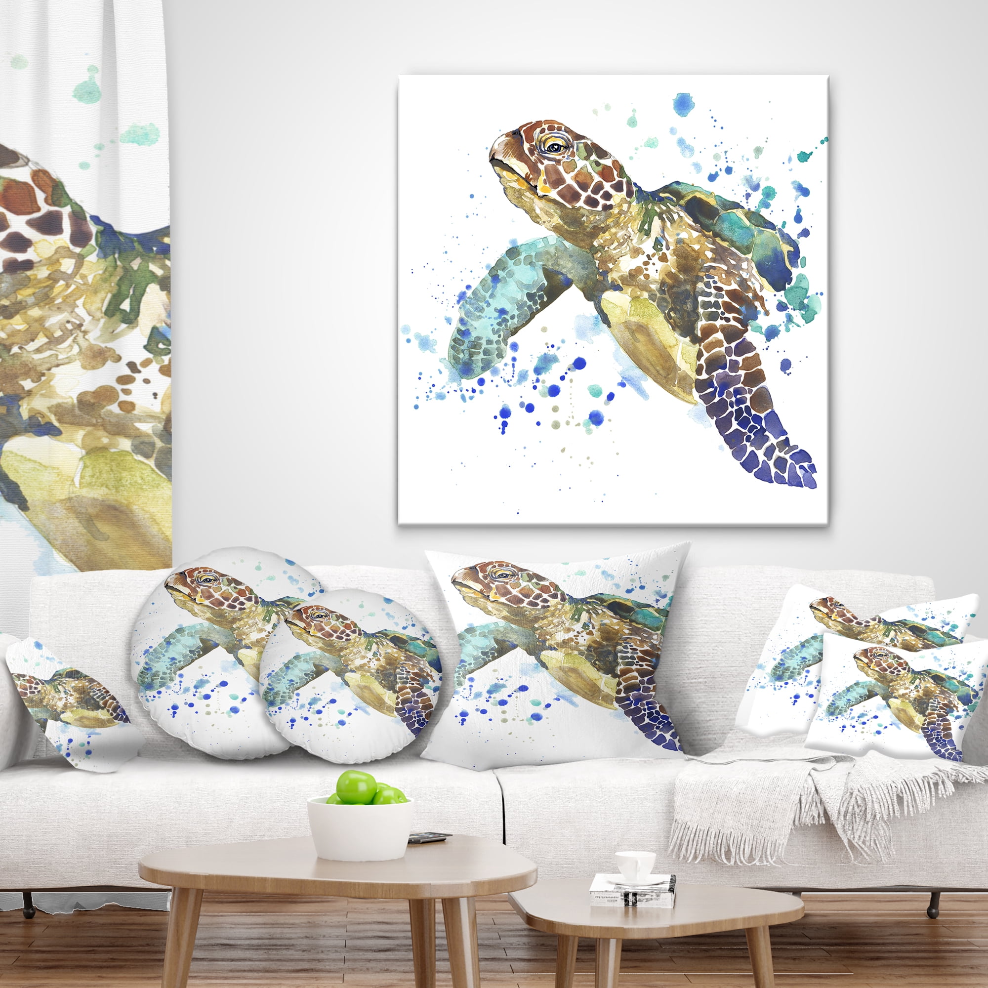 Designart Blue Sea Turtle Illustration - Animal Throw Pillow - 12x20