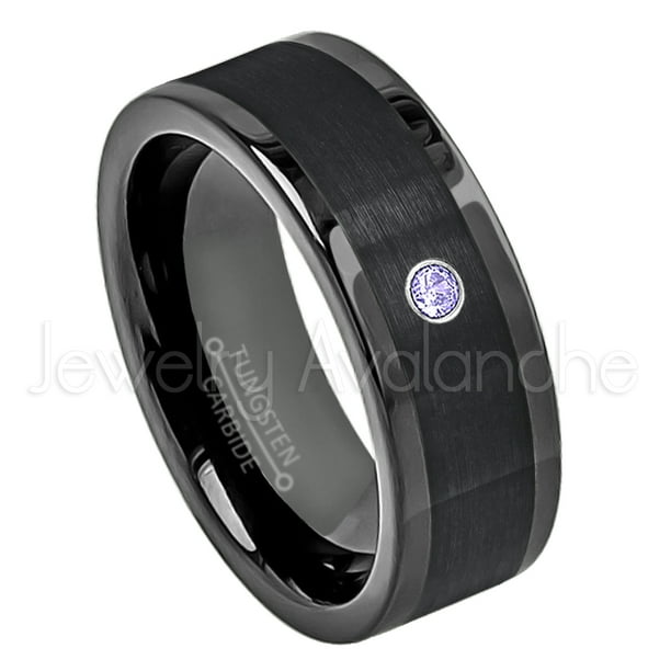 8mm Pipe Cut Black Tungsten Carbide Wedding Ring 0.07ct Tanzanite