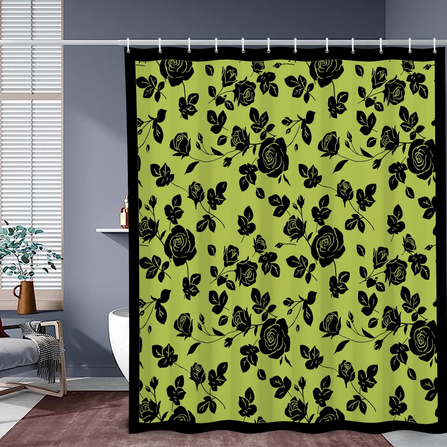 MIZHONA Black and Green Floral Shower Curtain Vintage Rose Print Waterproof Fabric Bathroom Curtain 60x72 in