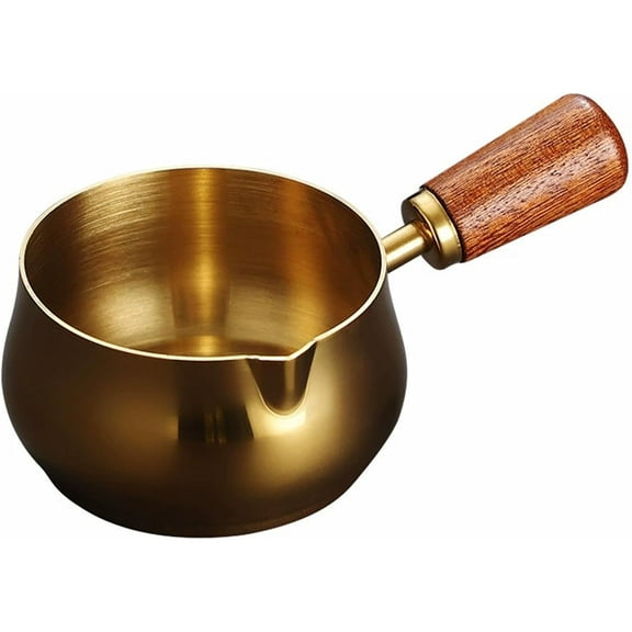 Espresso Measuring Cup, 6OZ/180ML Stainless Steel Espresso Coffee Cups with Wooden Handle and V-Shaped Mouth for Making Sauces Reheating Soup Heating Milk. (Gold)