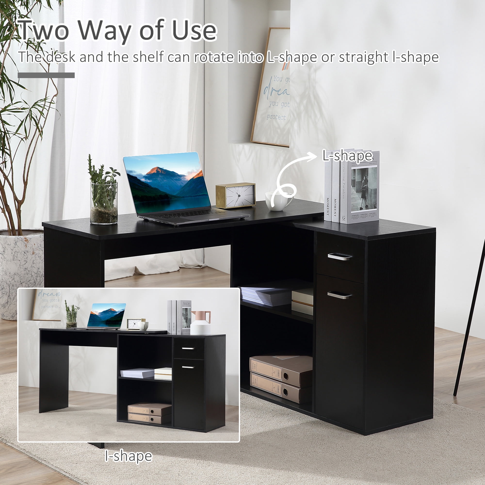 HomCom L Shaped Computer Desk Workstation with Storage Shelves and Cabinet for Home & Office Contemporary Style
