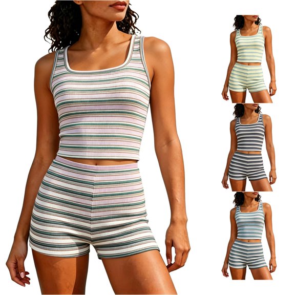 VNKIDY Womens Square Neck Ribbed Knit Striped Print Cropped Tank Top High Waist Stretch Slim Fit Shorts Casual Summer Two Piece Outfit Set For Ladies Soft Set L