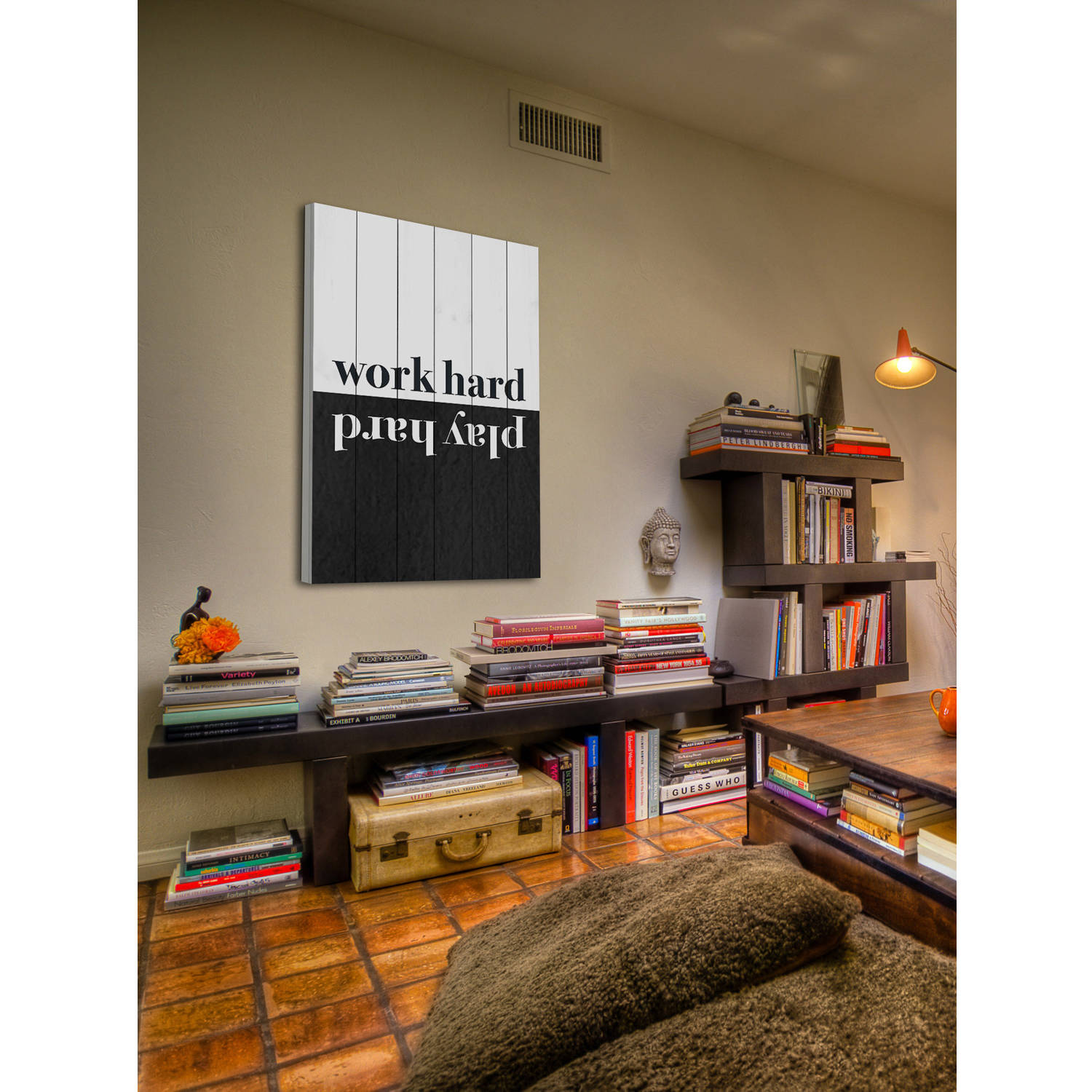 "Work Hard Play Hard" Painting Print on White Wood