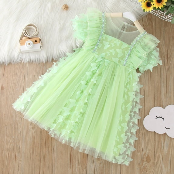 Vedolay Girl's Summer Short Sleeve Butterfly Print Lace Fashion Princess Dress,Green 3-4 Years