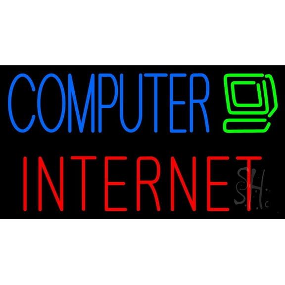Computer Internet LED Neon Sign 13 x 24 - inches, Clear Edge Cut Acrylic Backing, with Dimmer - Bright and Premium built indoor LED Neon Sign for Computer & Electronics store decor.
