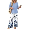 thumbnail image 3 of Tropical Floral Print Two Piece Set for Women, 3/4 Sleeve Button Down Top & Wide Leg Pants - Vacation Resort Wear Lounge Outfit with Straight Leg Trousers Blue XXXL, 3 of 7