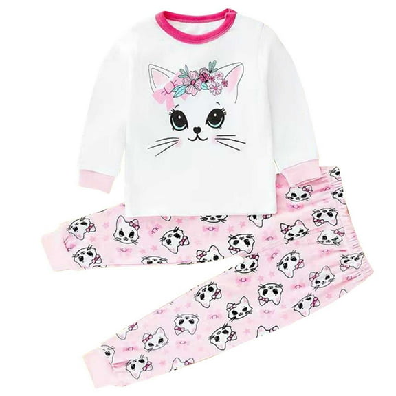 ZACPNCV Home Clothes Pajama Set for Boys and Girls Fall Long Sleeve Cotton Cat Printed Pajama Set Pink 7-8 Years