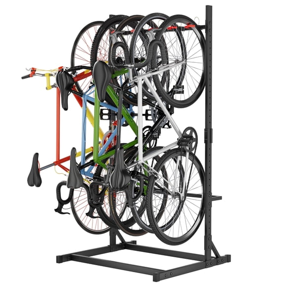 YOHKOH Heavy-Duty Freestanding Bike Rack for Garage, Vertical 5 Bike Floor Stand, Adjustable Hooks Space Saving Storage Organizer