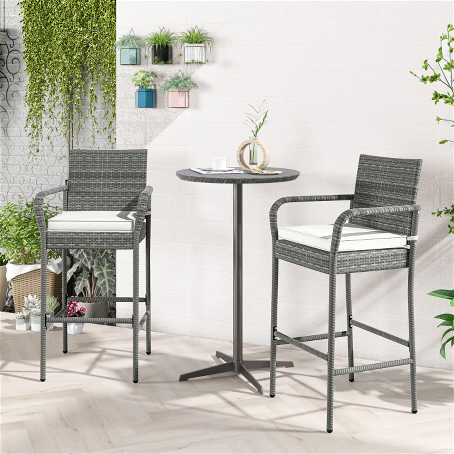 Demi Bonn Patio Wicker Barstools Set of 2 with Armrests and Soft Cushions for Porch Backyard, Outdoor Accent Furniture Bar Stools, Gray