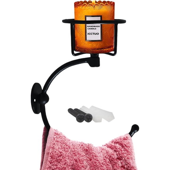 ABPETE Hand Towel Holder, Matt Black Hand Towel Ring for Bathroom Wall Mounted, Heavy Duty Towel Hook with Candle Holder for Bathroom Wall Decoration