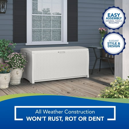 Suncast - 99 Gallon Heavy Duty Resin Wicker Horizontal Outdoor Deck Box - White