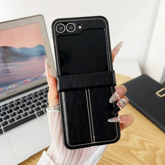 Allytechgroup Slim Case for Samsung Galaxy Z Flip 7, Hard PC PU Leather Phone Shell Non-Slip Anti-Scratch Anti-Fingerprint Shockproof Protective Back Cover for Samsung Galaxy Z Flip 7, Black