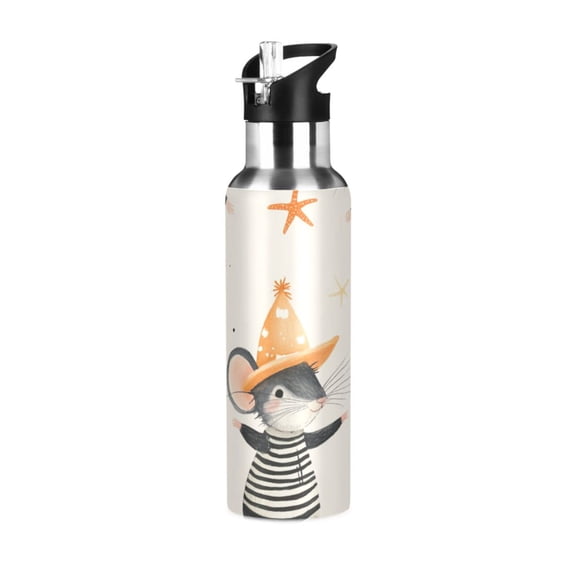 Cute Mouses with Hat Starfishes Sports Bottle with Straw Stainless Steel Water Jug Portable Thermal Cup Leak-proof 600ML
