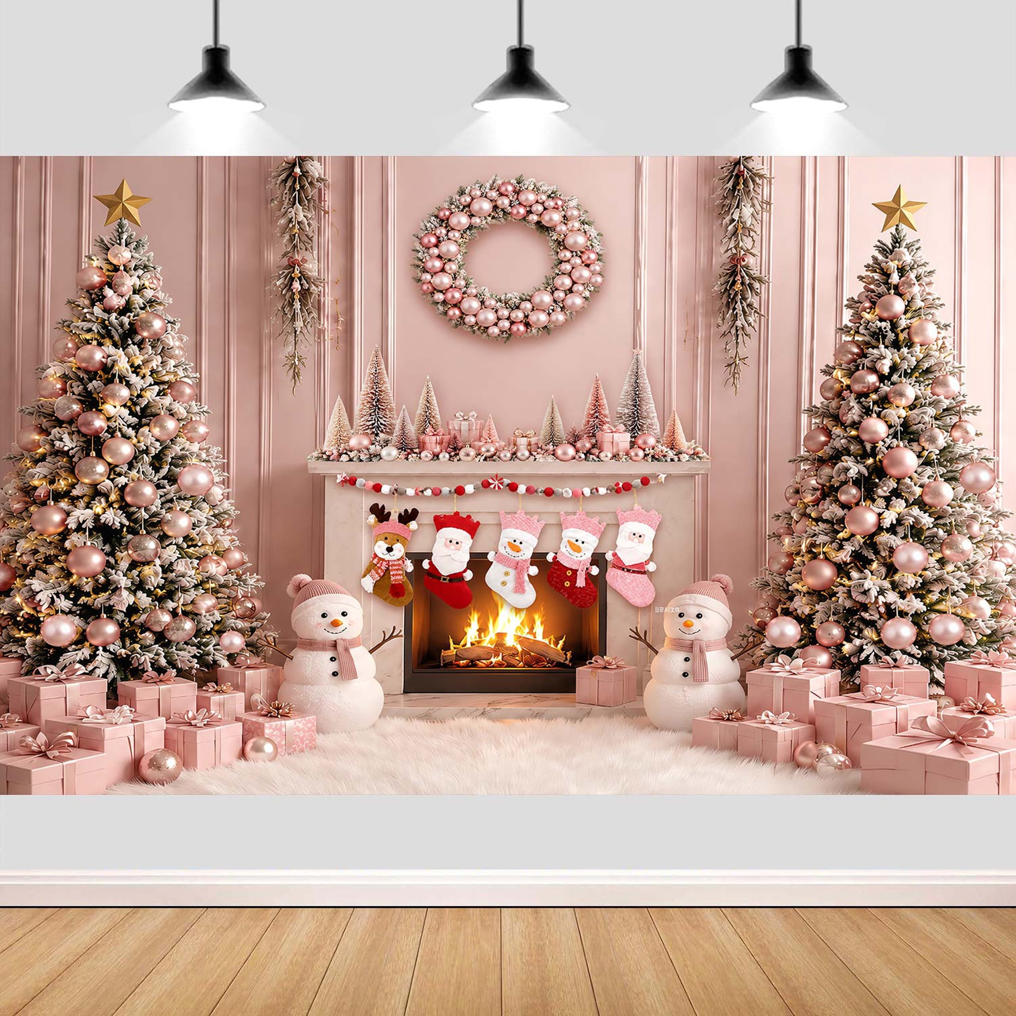 Pink Christmas Fireplace Xmas Trees Backdrop Party Photography Background 7X5ft Winter Mantel Pink Scene, Stockings Snowman Gifts Boxes Wreath Photo Studio Background Pastel Holiday Home Decor