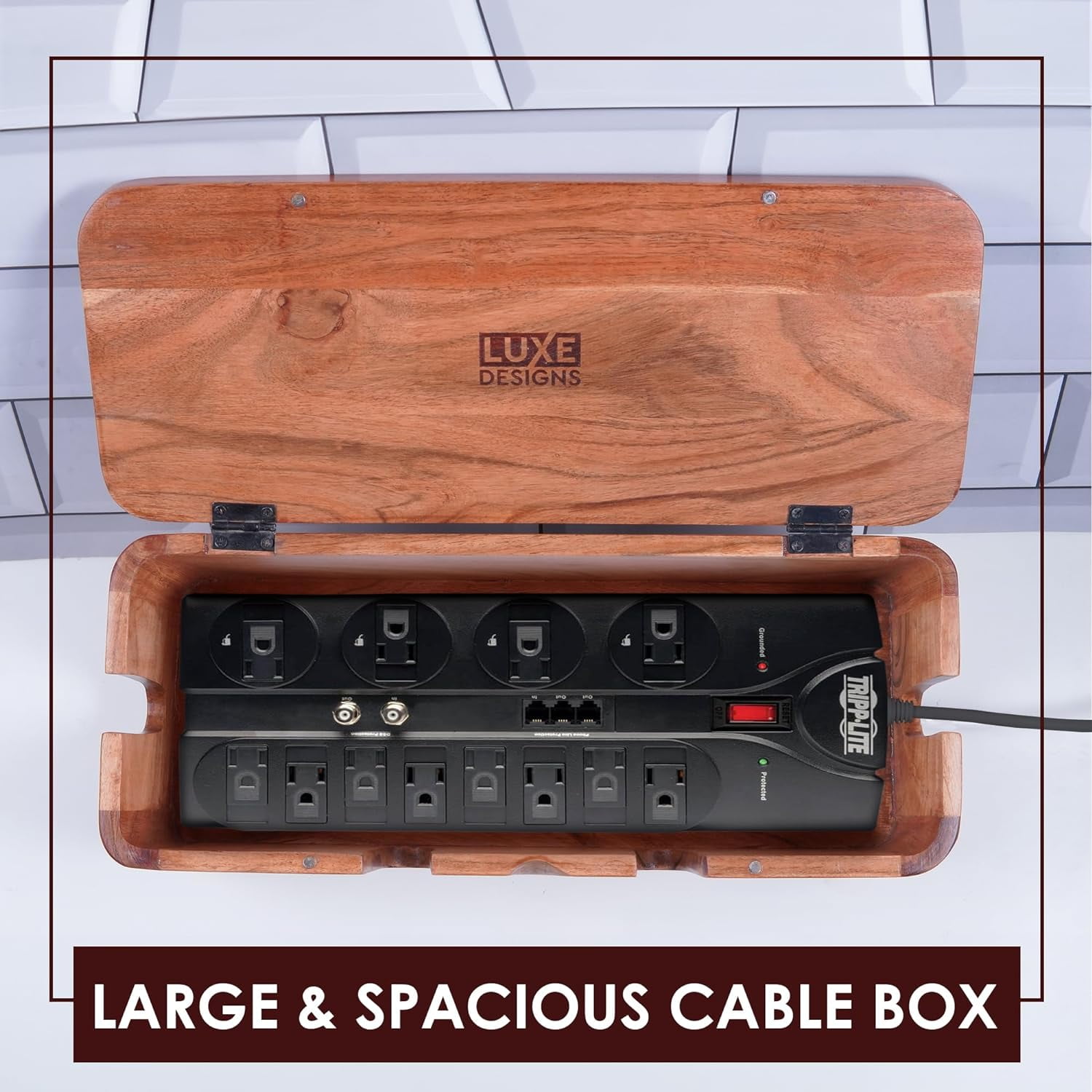 Luxe Designs Cable Management Box & Cord Organizer- Cable Organizer for Desk, Home, Office. Hides Wires, Surge Protectors,  Eco Friendly Mango Wood Cord Management Solution (Natural Acacia)