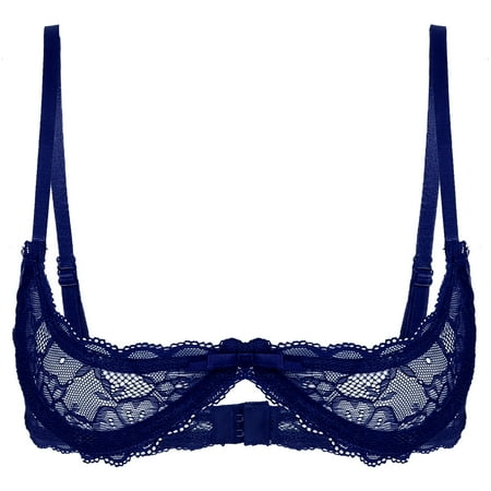 Moggemol Womens Sexy Lace Lingerie Bra 1/4 Cup Bralette Exposed Breast Underwear Unlined Underwire Navy Blue 3XL