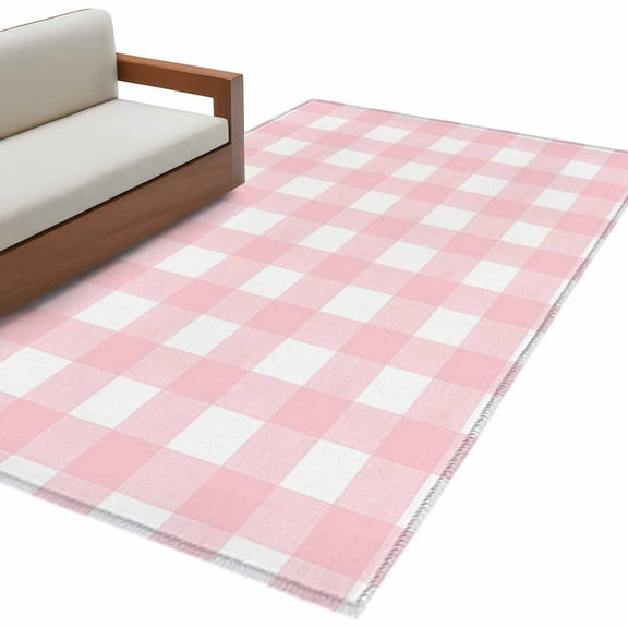 Pink Buffalo Plaid Area Rug 3x5 FT, Non Slip Entryway Bedside Carpet, Farmhouse Pink White Checkered Washable Soft Floor Carpet Indoor Mat Non-Shedding Throw Rug for Dorm Kitchen Home Office