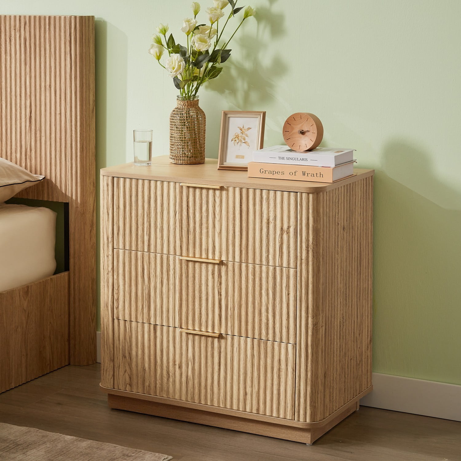 3 Drawer Dressers, Modern Chest of Drawers with Curved Wave Design, 27.6" Wood Storage Cabinet Nightstands, Bedroom Organizer for Living Room, Hallway, Oak