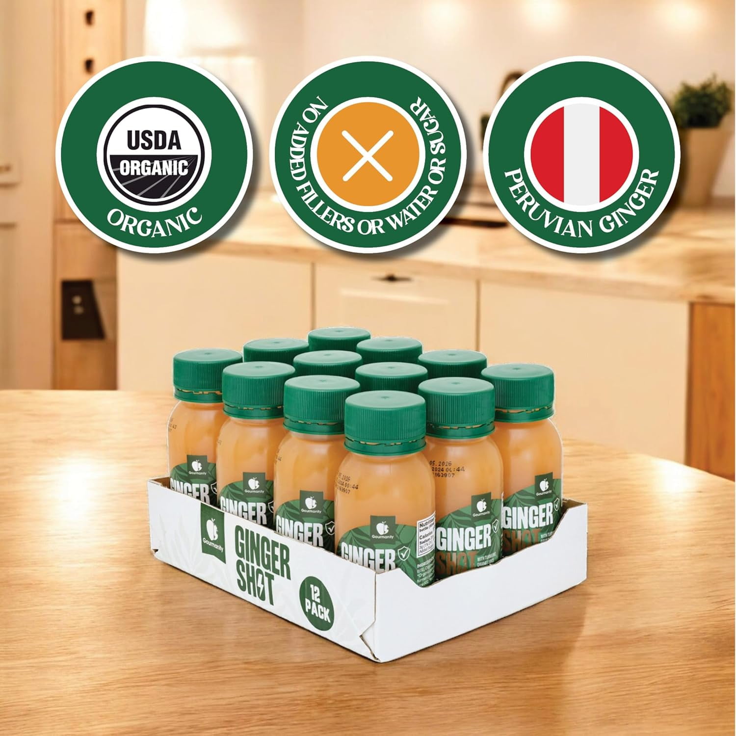 Gourmanity Organic Ginger Shots, 12 x 2.03oz/60 ml,  Potent Ginger and Turmeric Shot with Orange and Carrot Juice, No Additives
