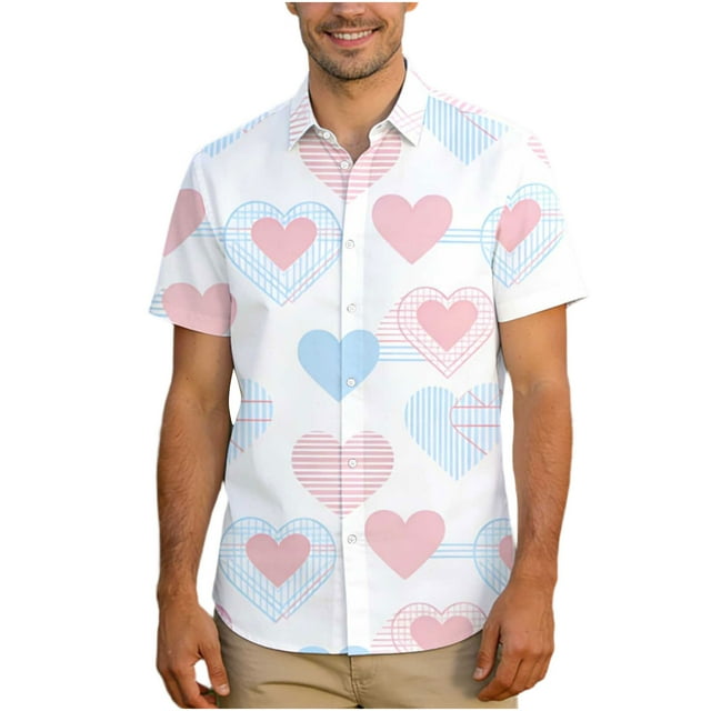 Chemise Unisexe à Manches Courtes avec Imprimé de la Saint-Valentin, Chemise Décontractée Boutonnée Assortie pour Couples avec Col Rabattu, Haut Graphique Coupe Régulière en Tissu Léger et Respirant pour Cadeaux des Fêtes et Sorties à Thème