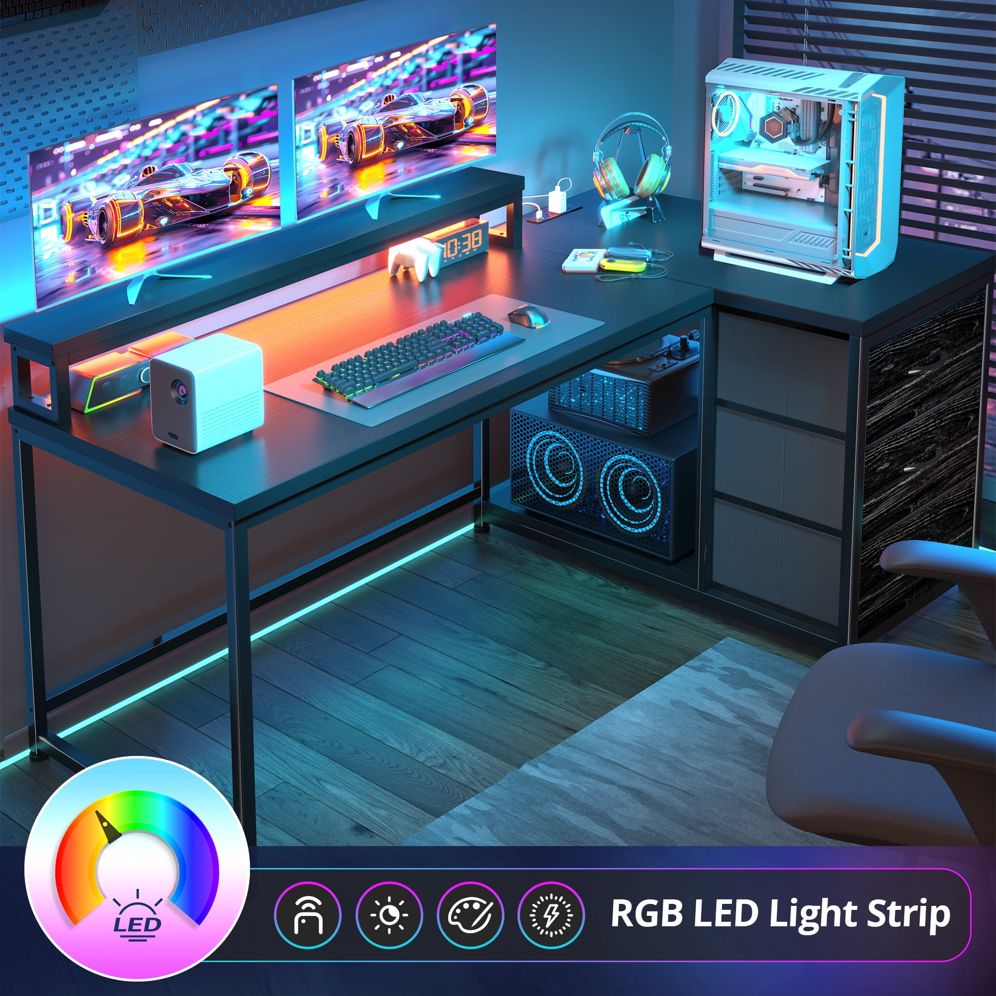 Romorgniz Gaming Desk Computer Desk with LED Lights & Power Outlet Reversible l Shaped Desk with 3 Drawers 40"L Office Desk with Monitor Stand for Gaming Room,Home Office,Bedroom，Black