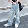 thumbnail image 5 of NOLDARES Girl's Applique Elastic High Waist Jeans Baggy Wide Leg Loose Denim Pants with pockets(Blue,4-5 Years), 5 of 6