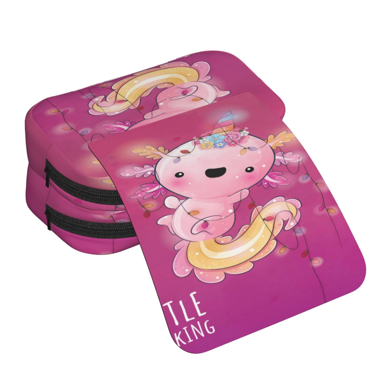 Rateoe Cute Pink Axolotl A Pattern Double Clamshell Pen Case, Storage Organizer with Two Zipper Compartments– Holds Up to 50 Pencils & Pens