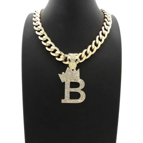 Hip Hop Gold Plated Crowned Alphabet Initial B Pendant & 10mm 20" Cuban Choker Chain Necklace