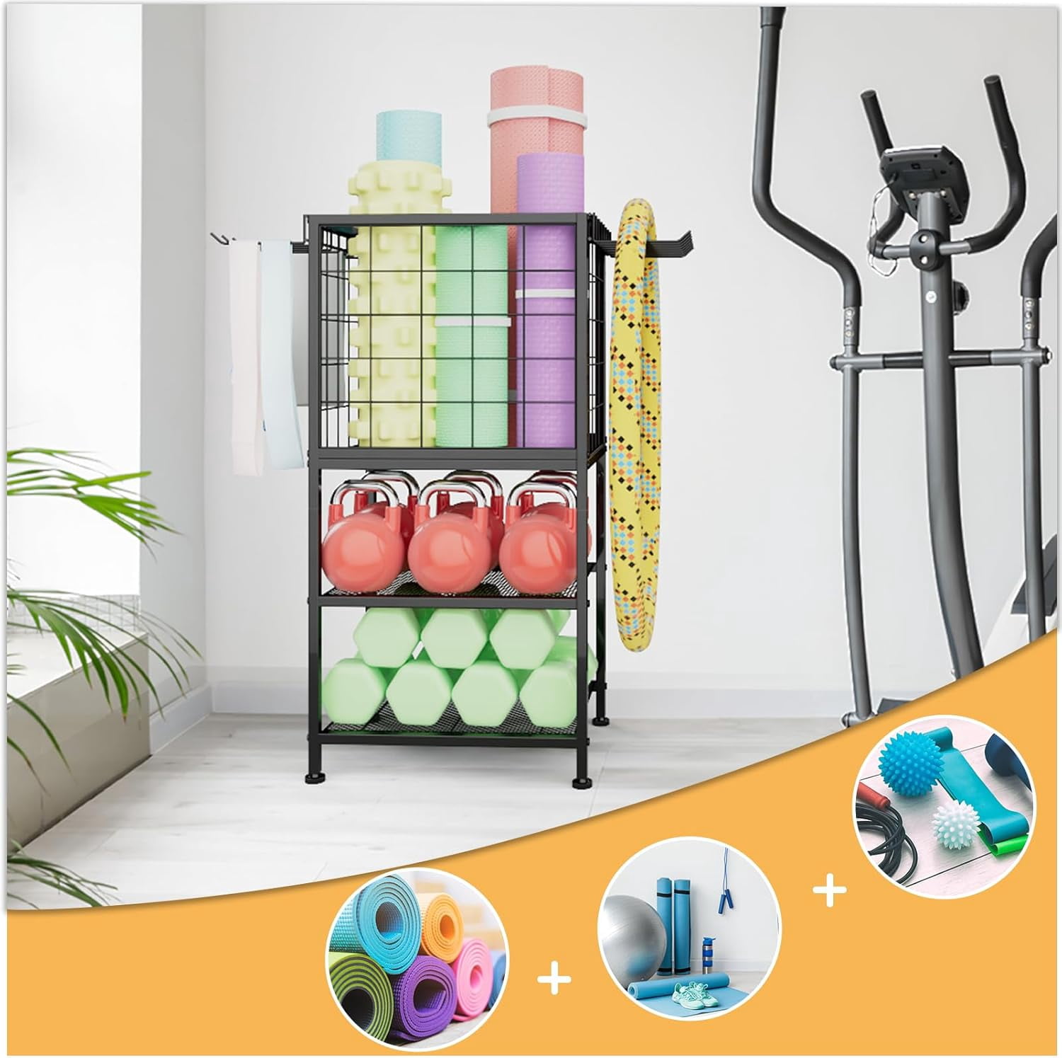 Dumbbell Rack for Home Gym Yoga Mat Storage Rack Black Workout Equipment Storage Organizer with Hooks and Wheels