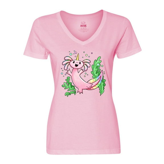 Inktastic Axolotl Unicorn with Rainbow Tail, Bubbles and Seaweed. Women's V-Neck T-Shirt