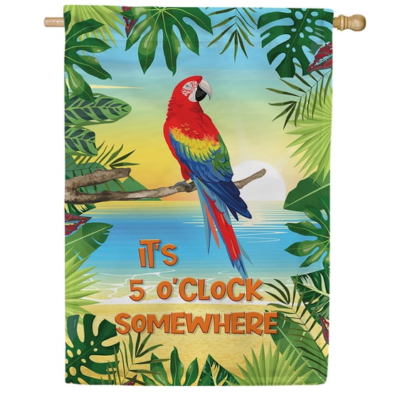 America Forever It's 5 O'clock Somewhere House Flag, 28 x 40 inch Double Sided, Tropical Parrot Beach Banner, Scarlet Macaw Paradise Summer Outdoor Decor