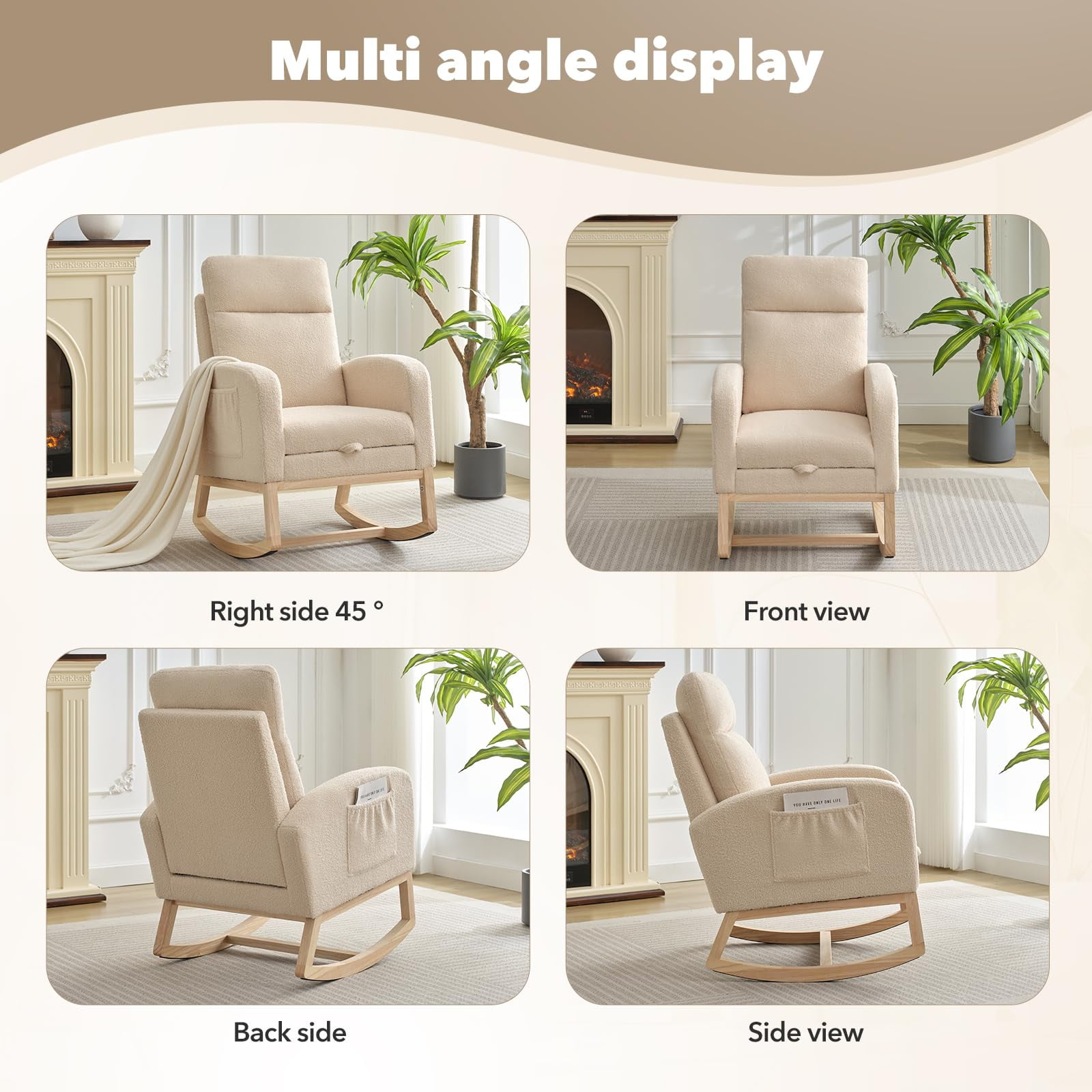 Rocking Chair Nursery, Nursing Rocking Chairs with Foot Rest for Mom Nursery, Rocker Glider Chair with High Backrest for Living Room, Bedroom,Upholstered Lounge Chair with Solid Wood Base for Relaxing