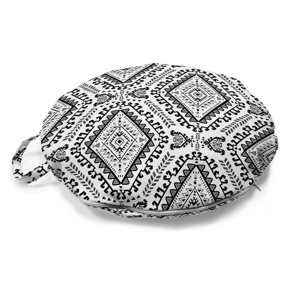 Mexican Print Round Floor Cushion with Handle, Vintage Style Aztec Inspired Monochrome Triangles Rhythmic Motif, Pillow for Living Room & Dorms, 18" Round, Charcoal Grey and White, by Ambesonne