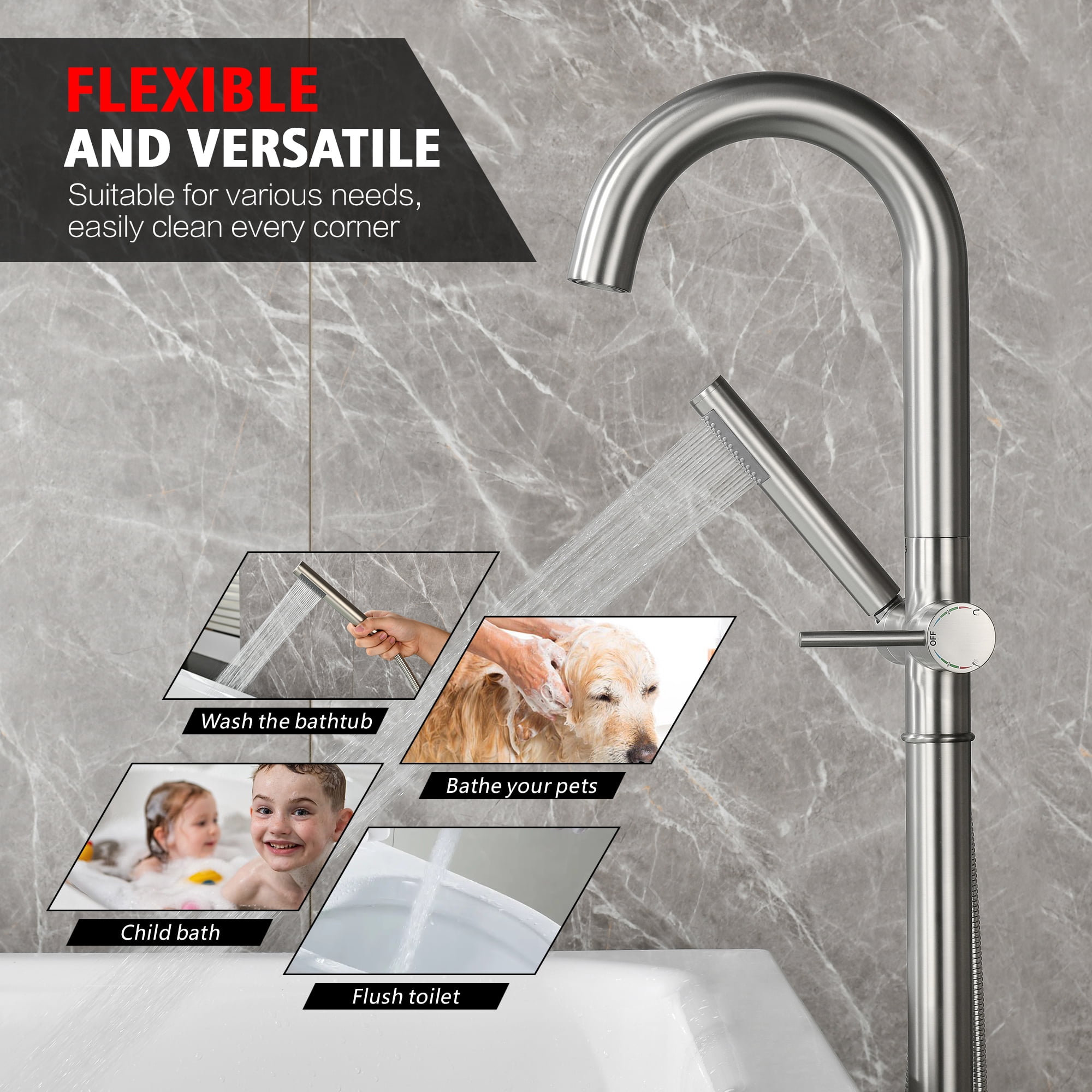 sumerain Freestanding Tub Faucet High Flow with Hand Shower,Modern Floor Mount Tub Filler Faucet Brushed Nickel