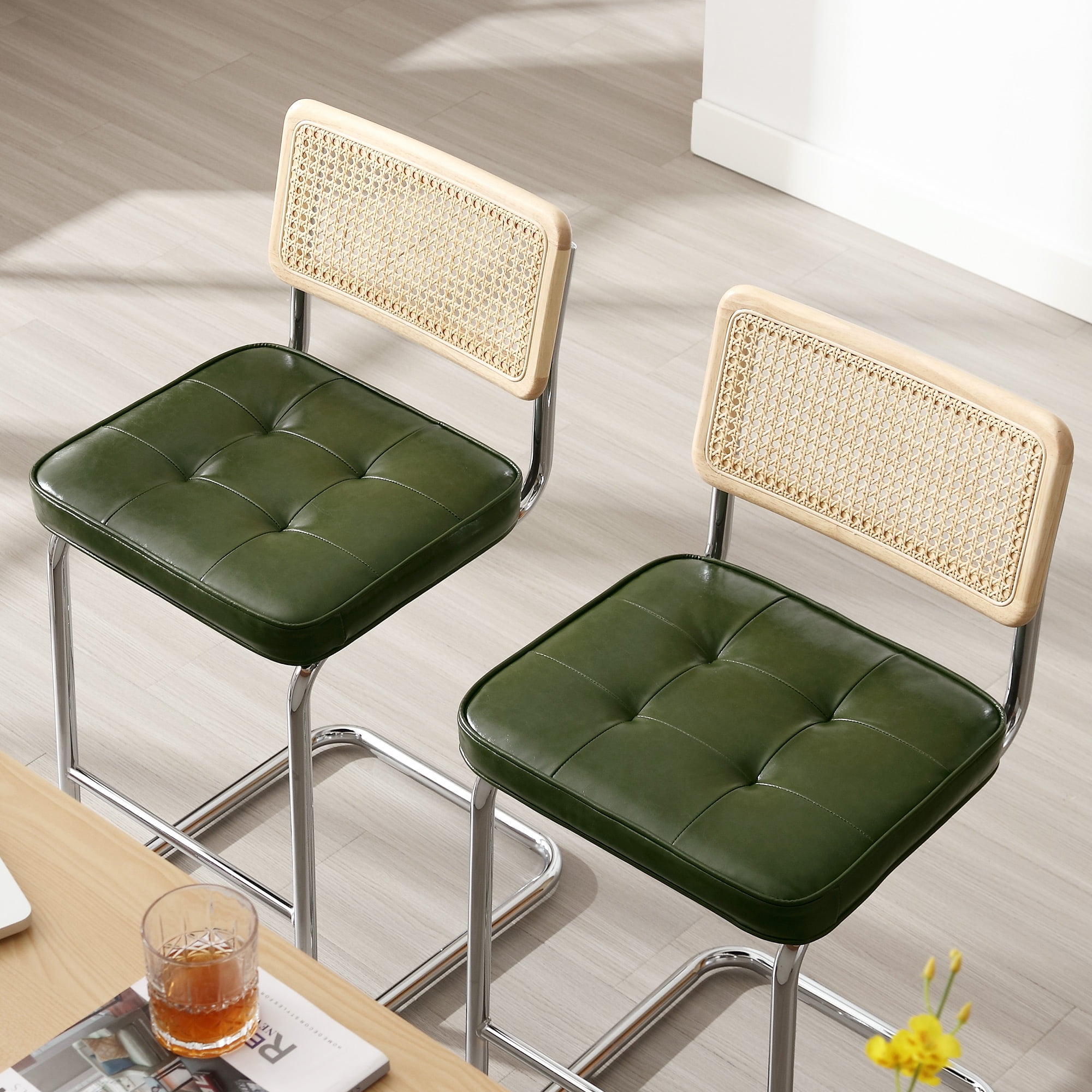 Zesthouse Rattan Counter Height Bar Stools Set of 2, 26″ Faux Leather Counter Height Barstool with Cane Back, Mid Century Modern Bar Chairs for Kitchen Island, Green