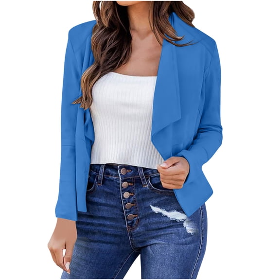 Htigea Womens Business Short Blazers Dressy Cropped Open Front Cardigans Jackets Slim Fit Outfits Blue,L