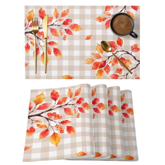 Fall Maple Leaf Thanksgiving Placemats Set of 6,Wipeable Washable Table Mats for Dining Tables, Vintage Khaki Palid Place Mats for Kitchen Event Party Tabletop Decor