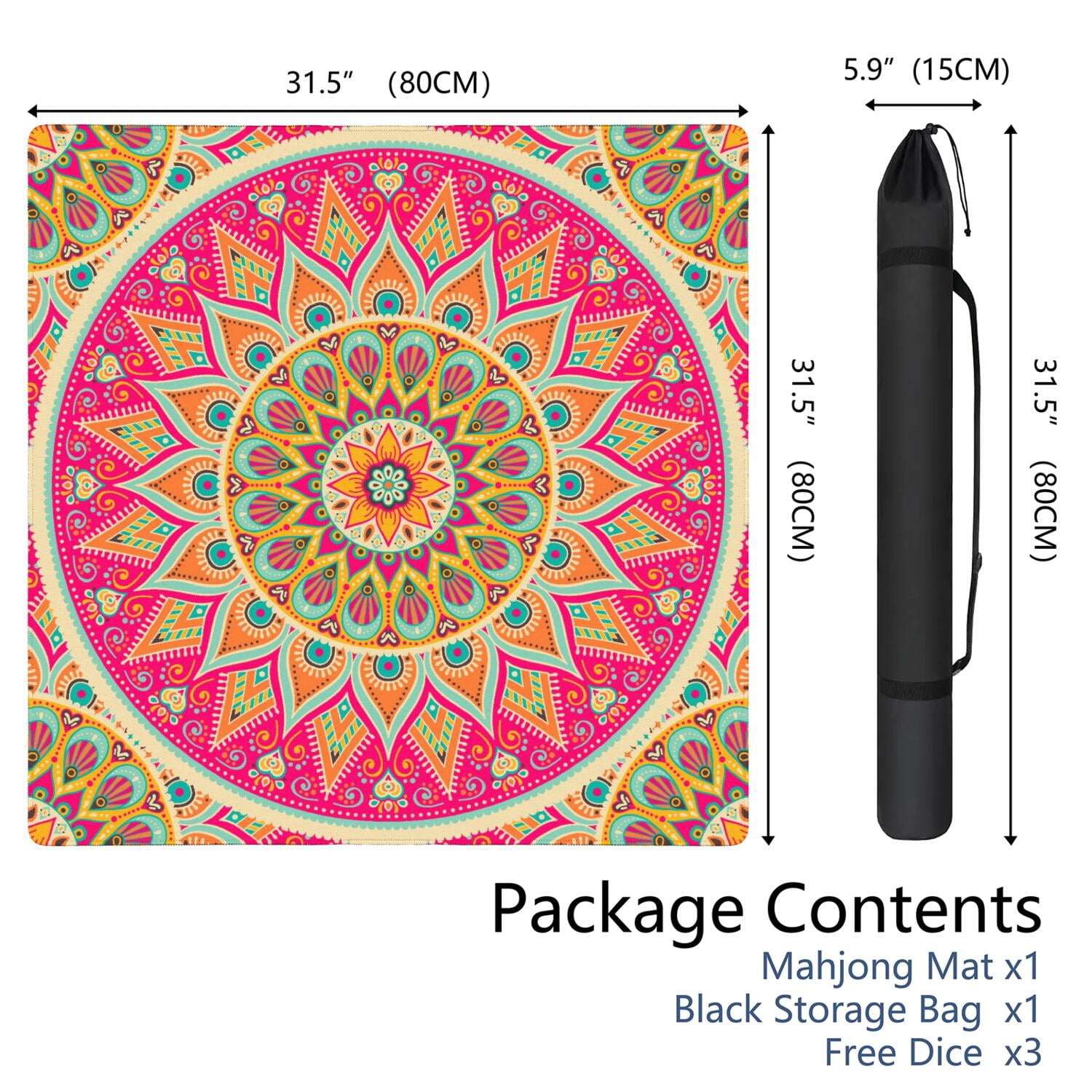 Mandala Mahjong Mat for Table, 31.5*31.5in Anti Slip American Mahjong Table Cloth, Noise Reduction, Neoprene Mah jongg Mat with Carrying Bag & 3 Dices, Mahjong Accessories Gift, Board Tile Games Mats